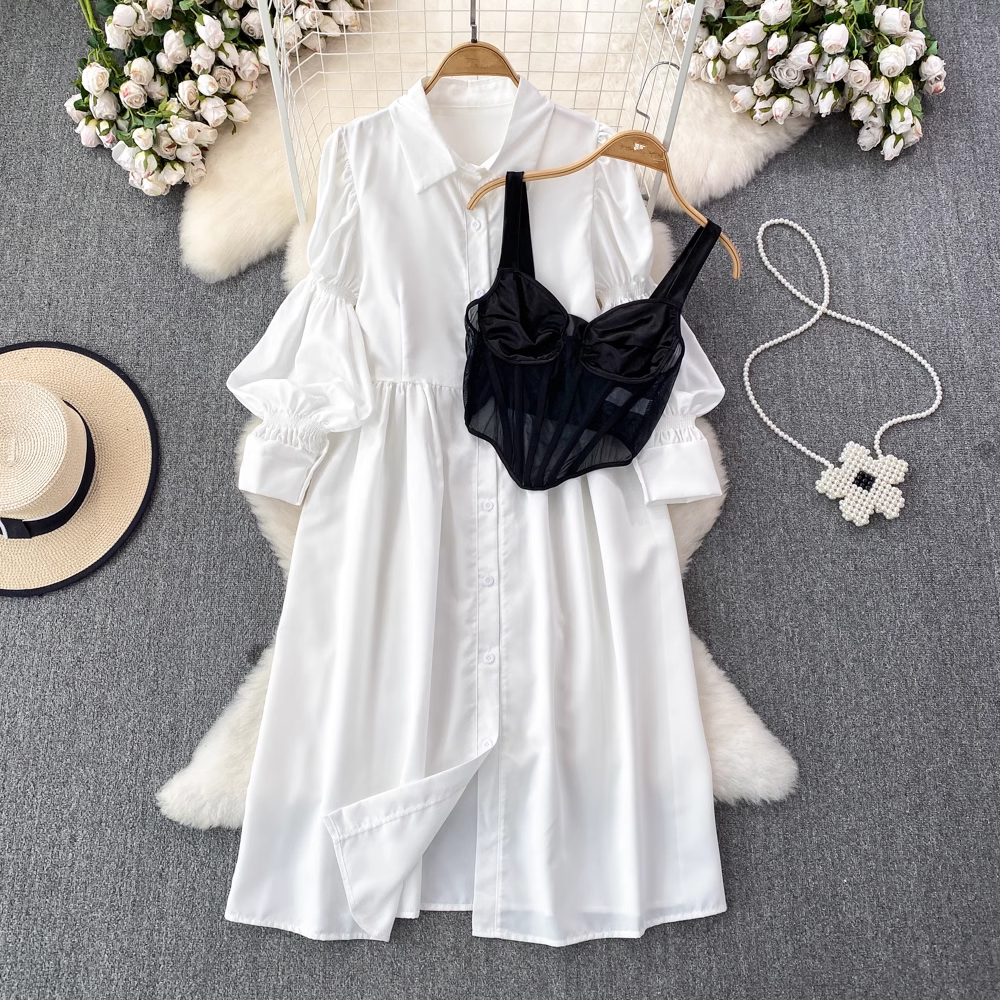 Lantern long-sleeved lapel single-breasted a-line shirt dress two-piece set PU leather suspender vest Secondary image