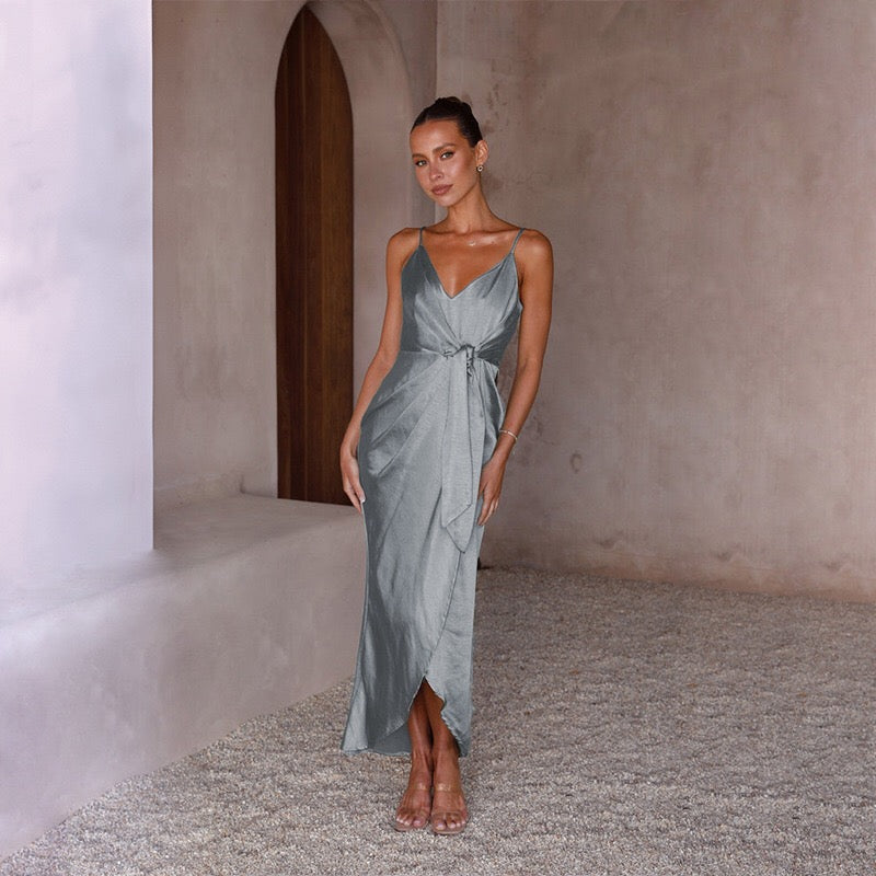 Simplee Casual Green V-neck Strap Midi Women Dress 2021 Asymmetrical Belt Holiday A-line Summer Dress Sleeveless Party Vestidos Secondary image