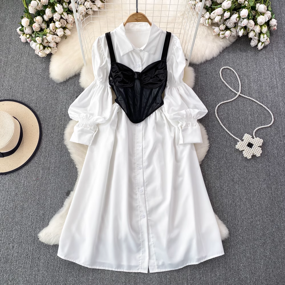 Lantern long-sleeved lapel single-breasted a-line shirt dress two-piece set PU leather suspender vest Main image