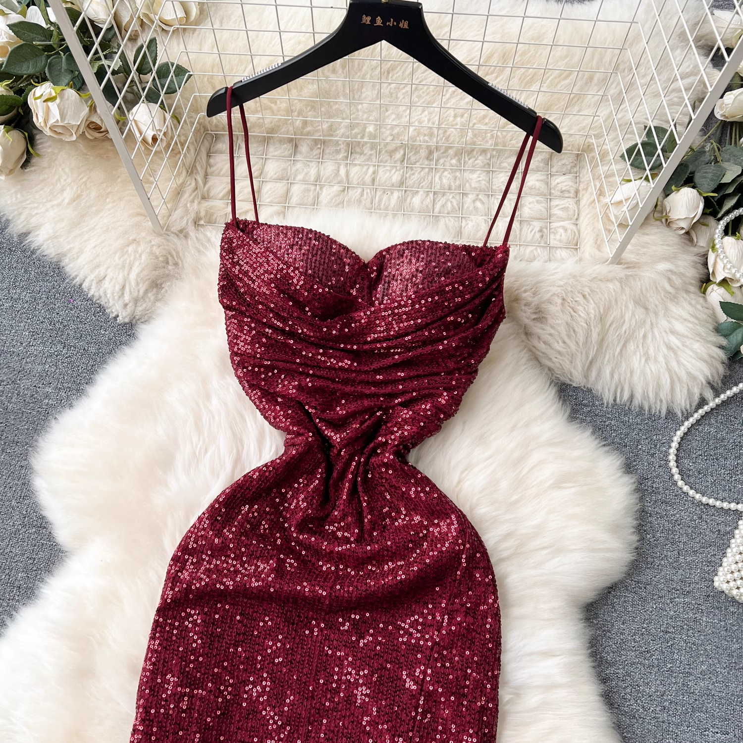 Burgundy Sequins Dress With Split Secondary image