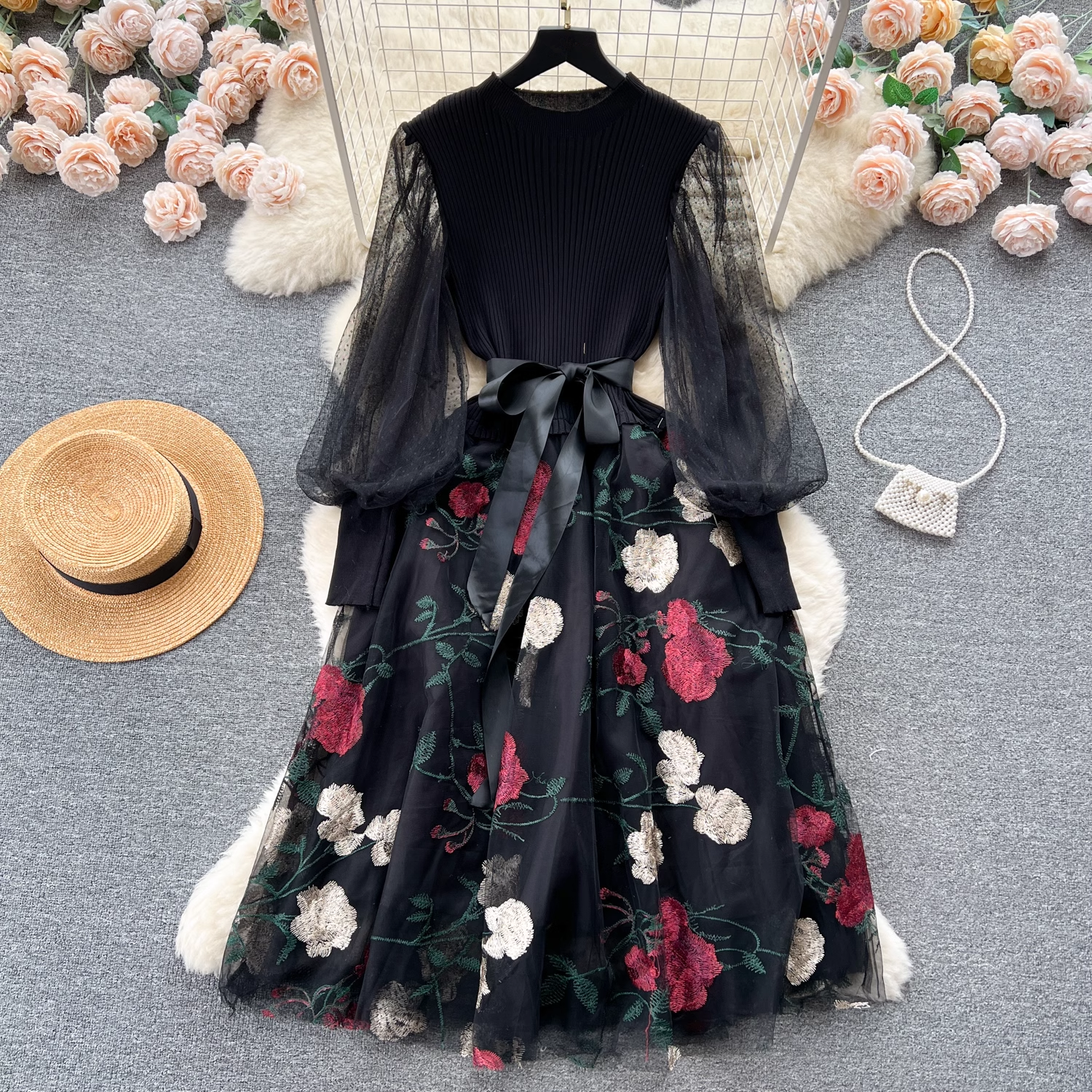 Women's knit stitching embroidery mesh dress Main image