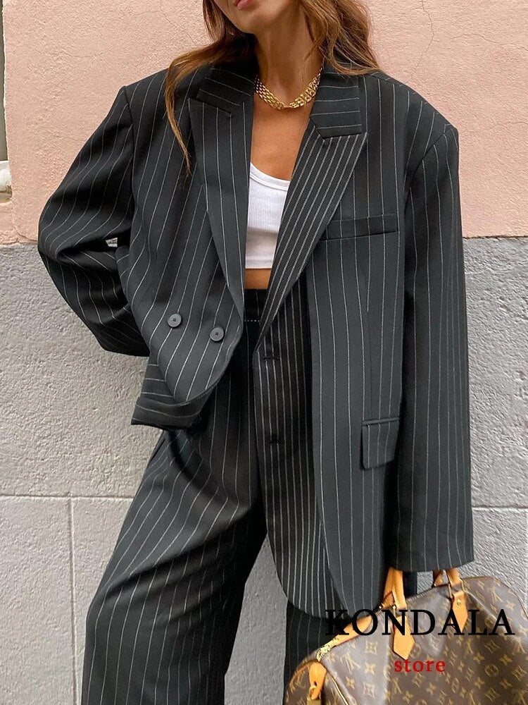 Striped V-Neck Blazer: Casual Office for 2024 Autumn with Pockets Main image