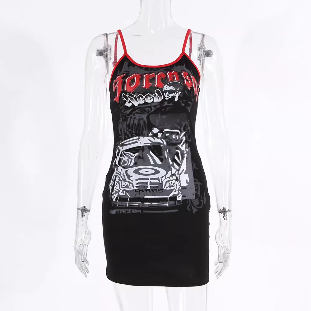 summer new retro print street photography personality dress female little black dress bodycon dress Secondary image