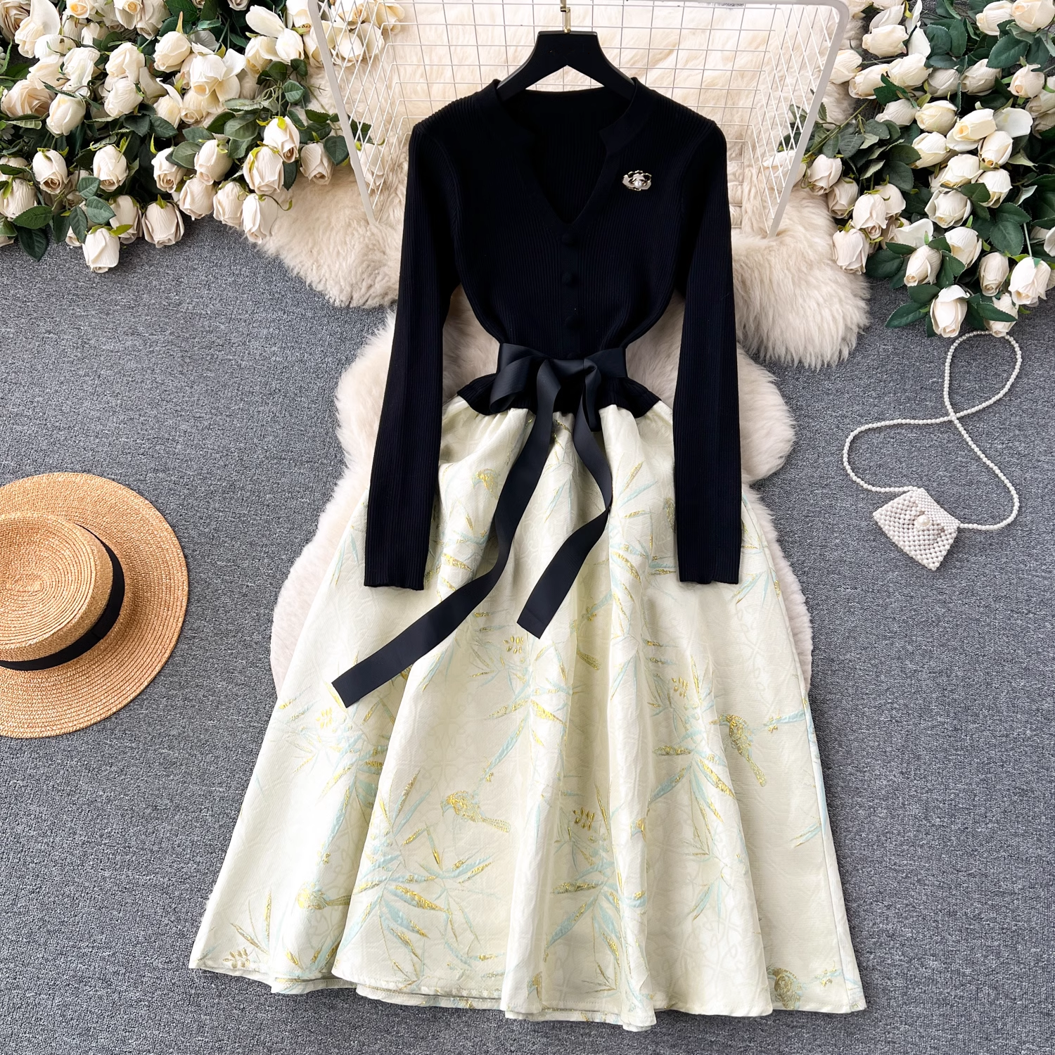 Autumn and winter knitted splicing jacquard puffy dress Main image