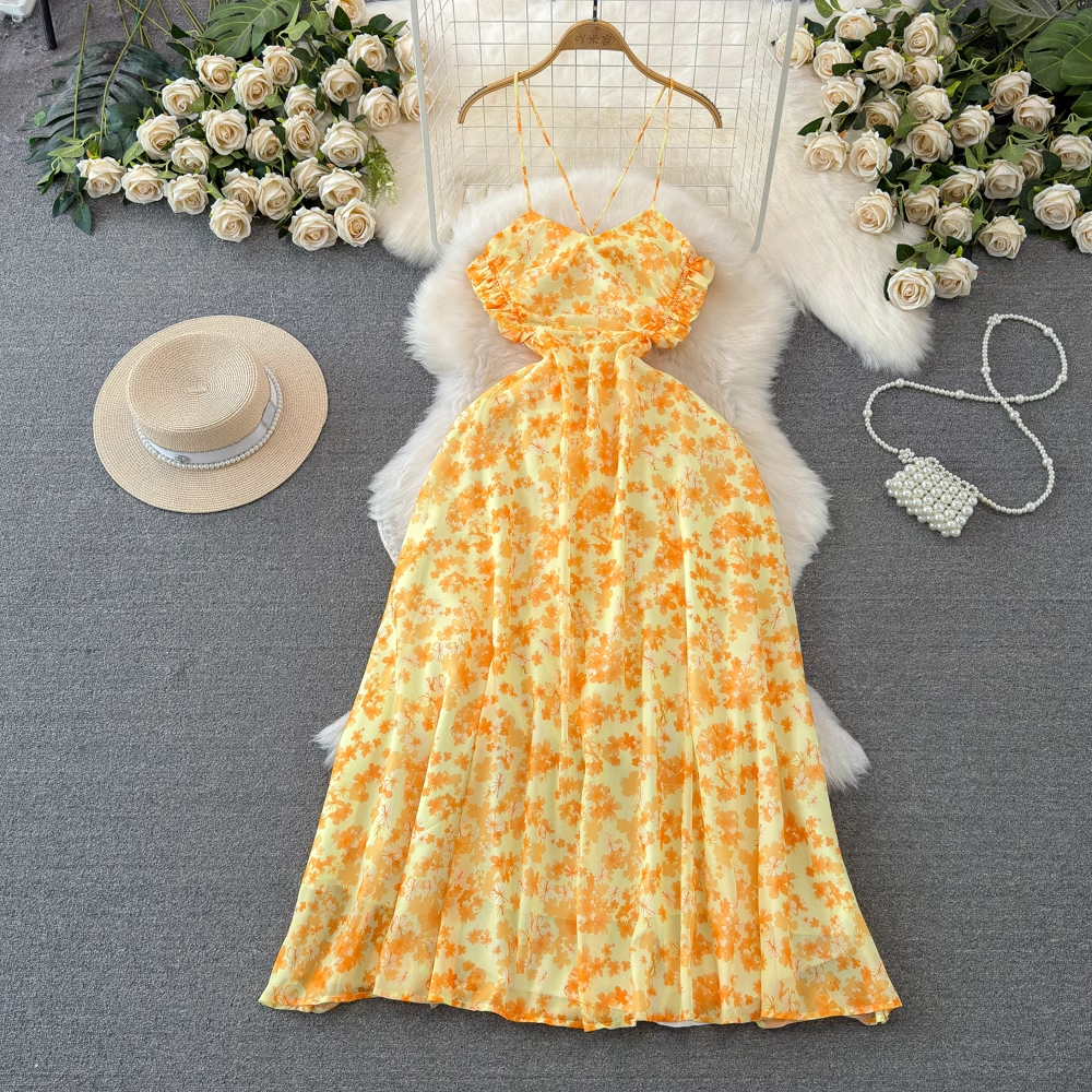 Summer beach resort style yellow floral dress Main image