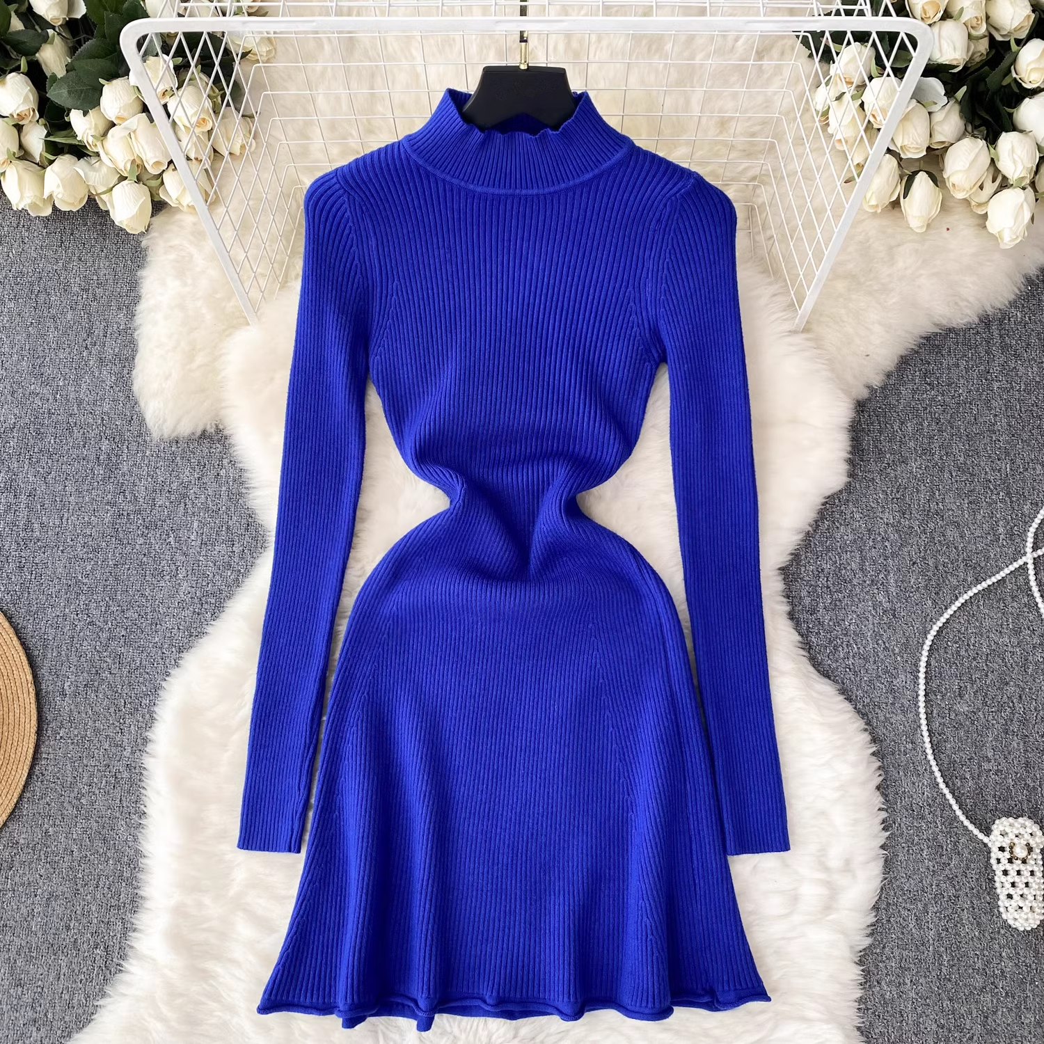 Solid color knitted dress Women's autumn and winter half turtleneck tight dress Secondary image