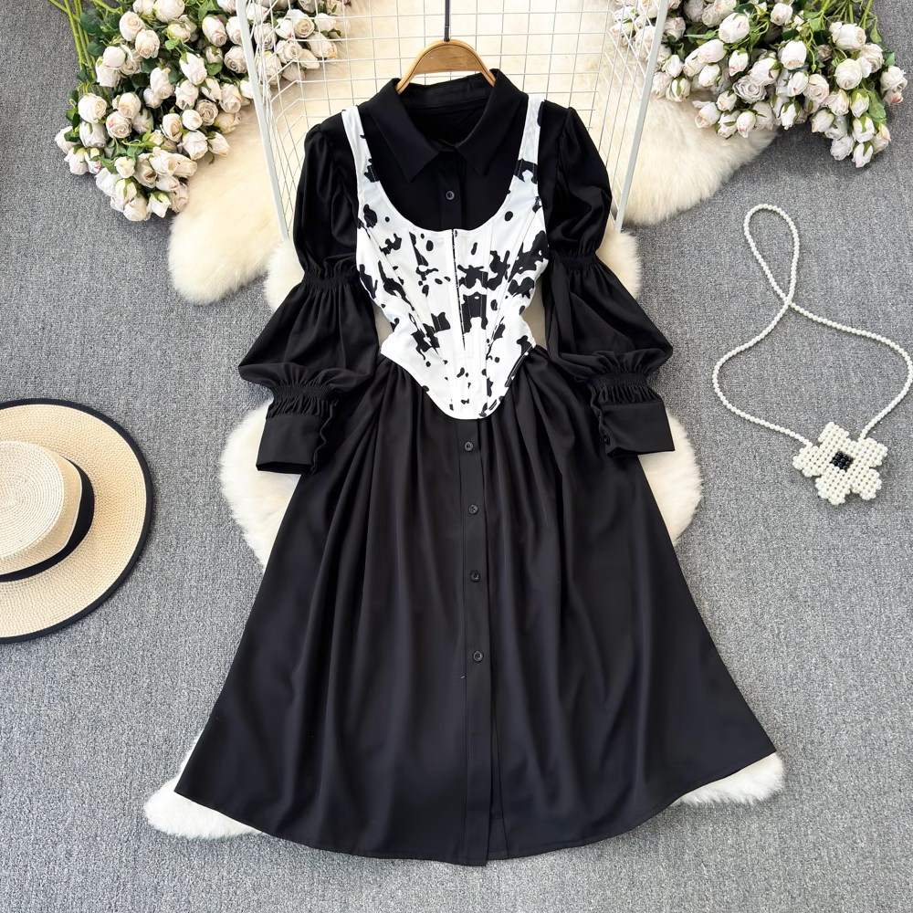 Spring and autumn lantern long-sleeved a-line shirt dress two-piece fishbone vest Main image