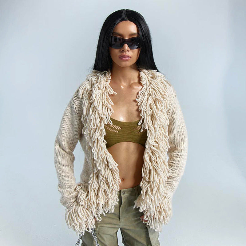 Spruce Fringe Knit Cardigan - Powder Beige Main image