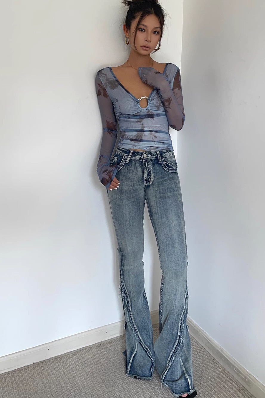 Zip Detail Raw Trim Flare Leg Jeans Secondary image