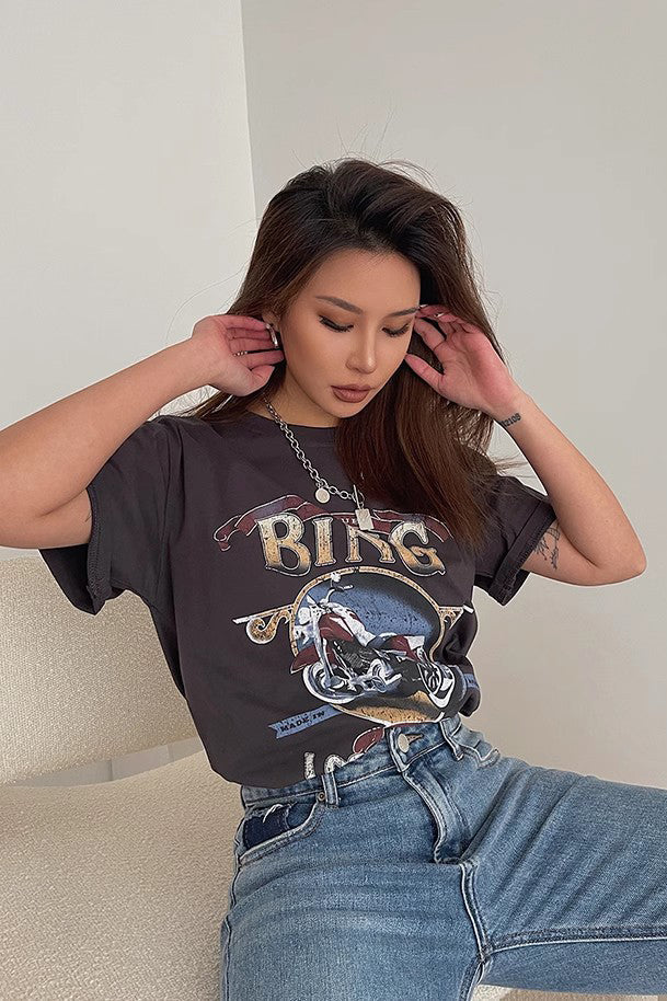 Motorcycle Print Short Sleeve Crew Neck Tops Shirt Secondary image