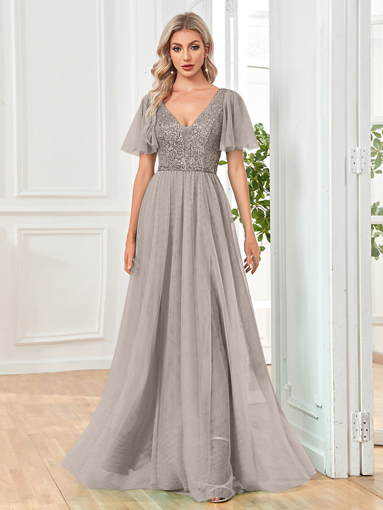 A Line V Neck Long Formal Dress with Sequins - Grey Main image