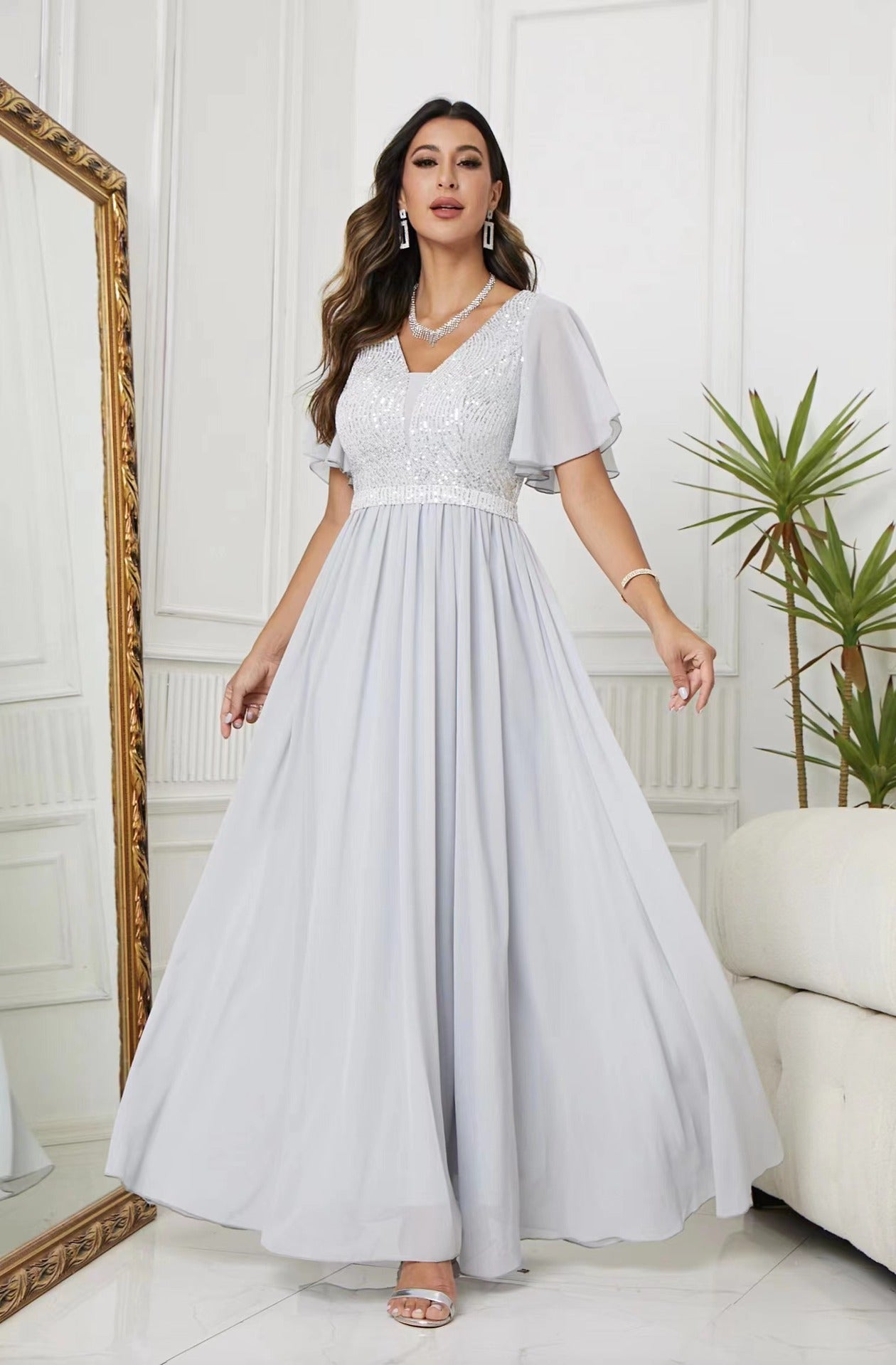 A Line V Neck Long Formal Dress with Sequins Secondary image