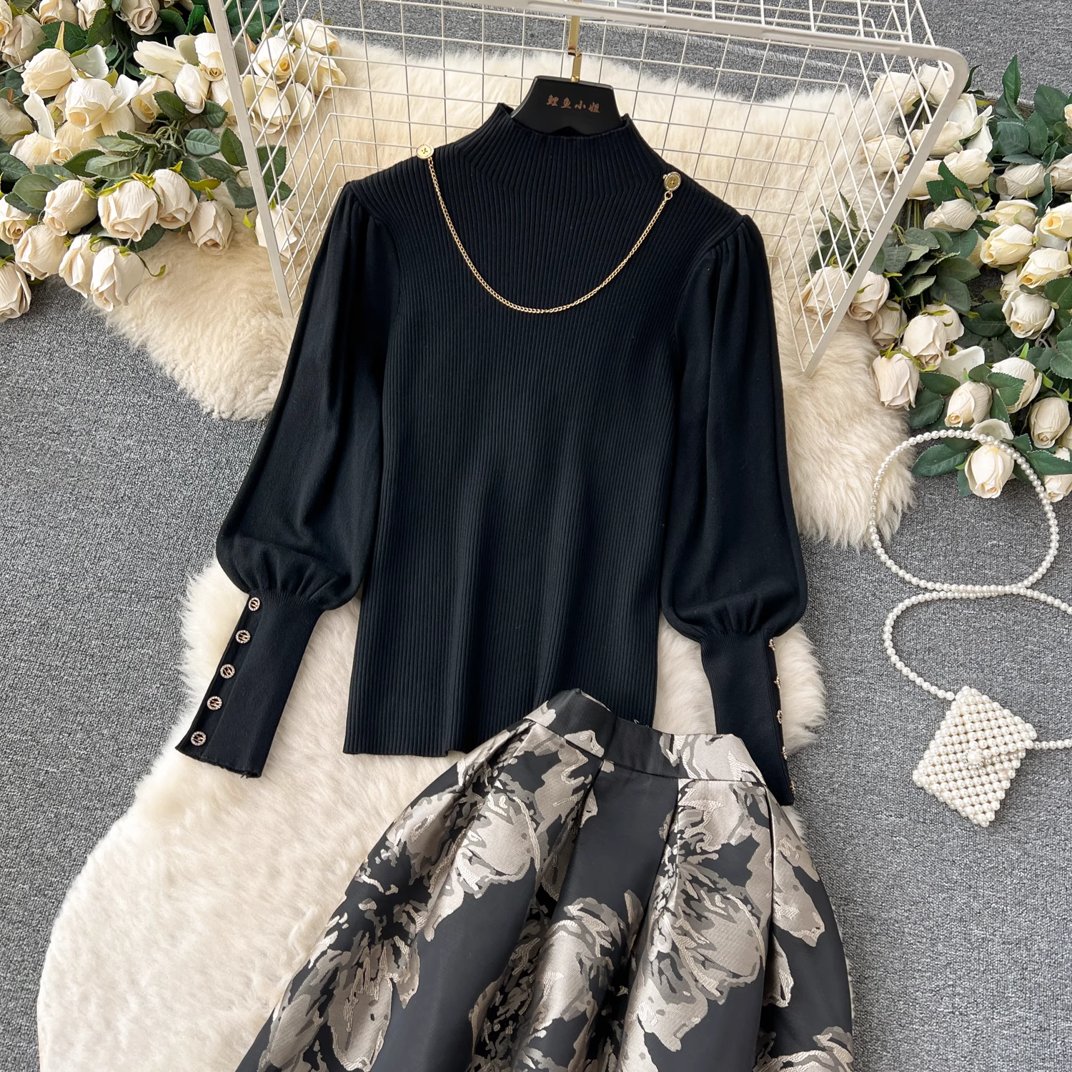 Women's Half Turtleneck Sweater Knitwear Two Piece Set High Waist Dress Secondary image