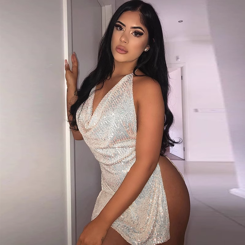 Women's new hanging neck tie slit sequin dress dress Secondary image