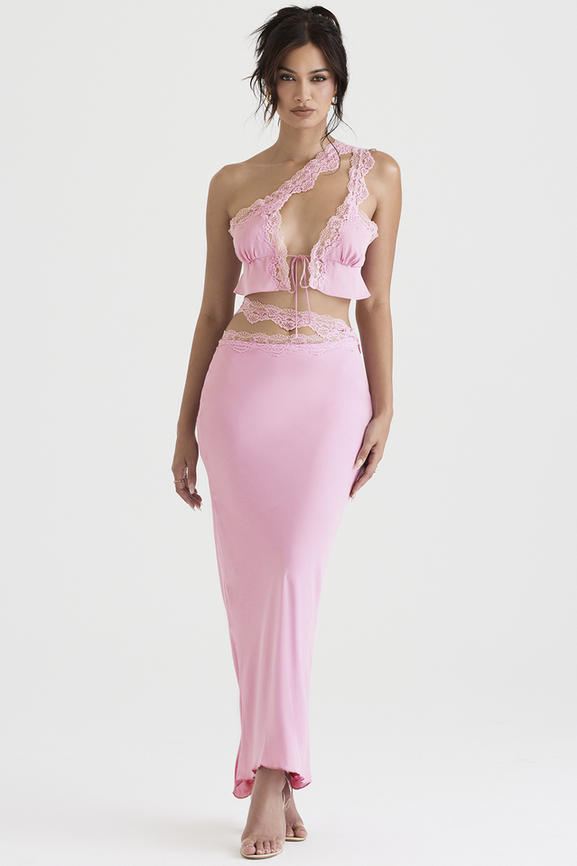 Pink Floaty Cropped Top+Lace Trim Maxi Skirt Main image