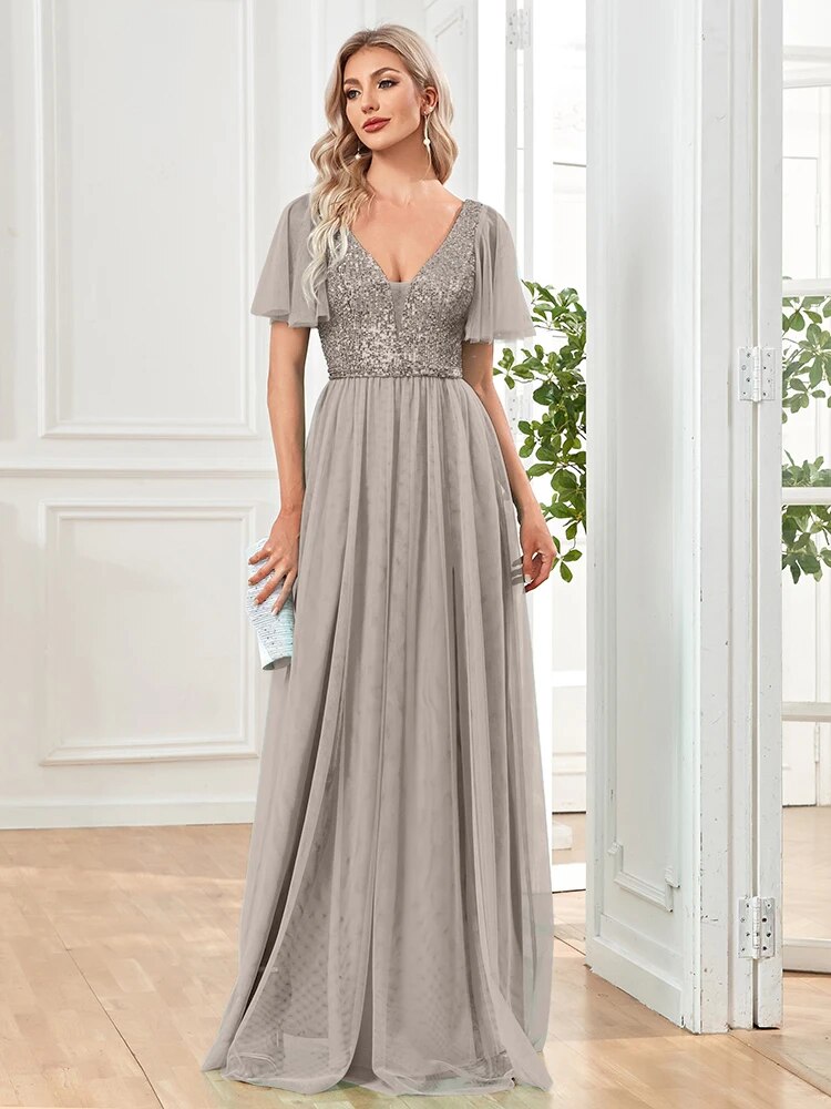 A Line V Neck Long Formal Dress with Sequins - Grey Secondary image