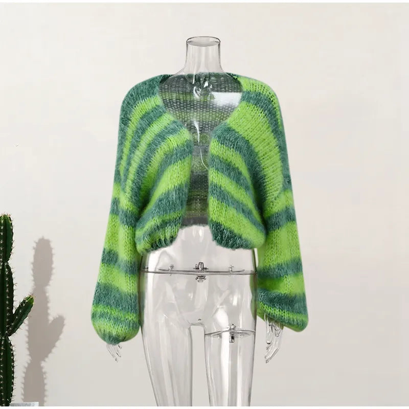 All Green Striped Cool Winter Cardigan Sweaters Secondary image