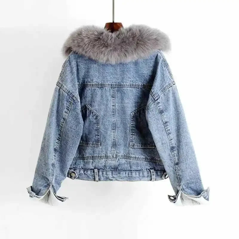 Wool Inside Fur Plush Neck Crop Denim Jackets Secondary image