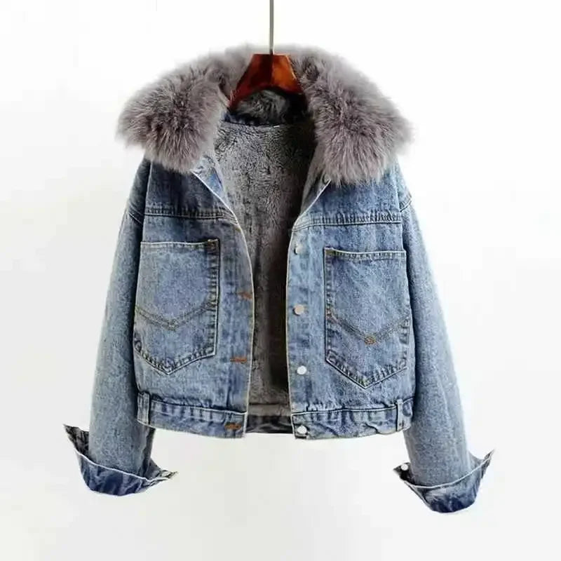 Wool Inside Fur Plush Neck Crop Denim Jackets Main image