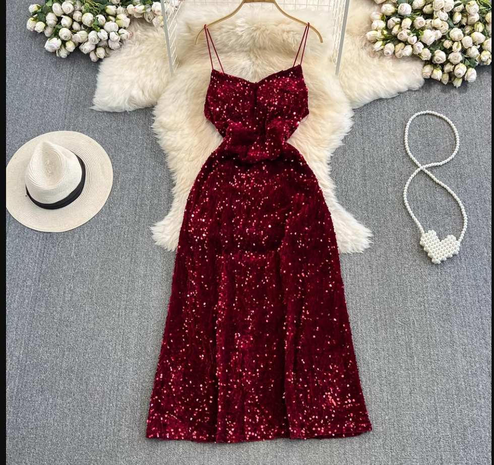 Sleeveless mid-length a-line sparkling sequin suspender dress Secondary image