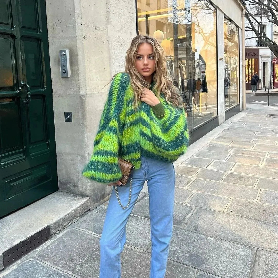 All Green Striped Cool Winter Cardigan Sweaters Main image
