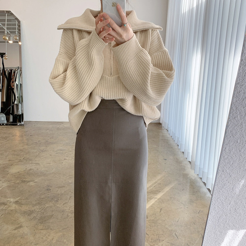 Zipper Large Neck Knitted Sweater Secondary image