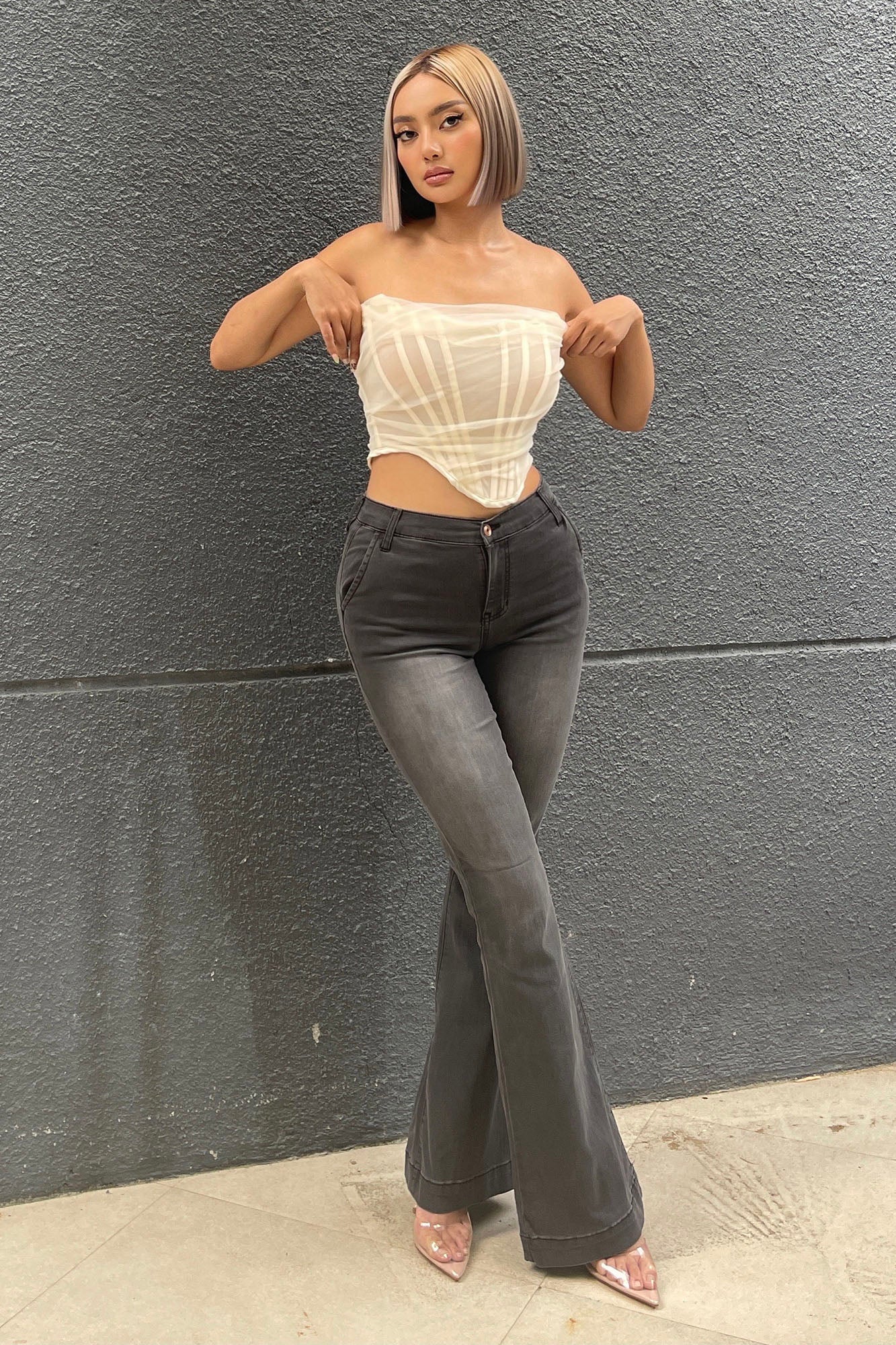Sleek And Sophisticated Stretch Flare Jeans - Grey Main image