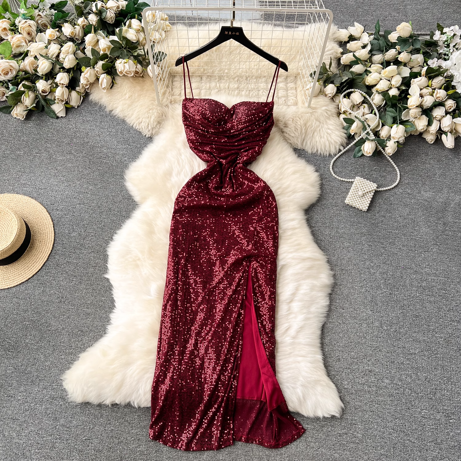 Burgundy Sequins Dress With Split Main image