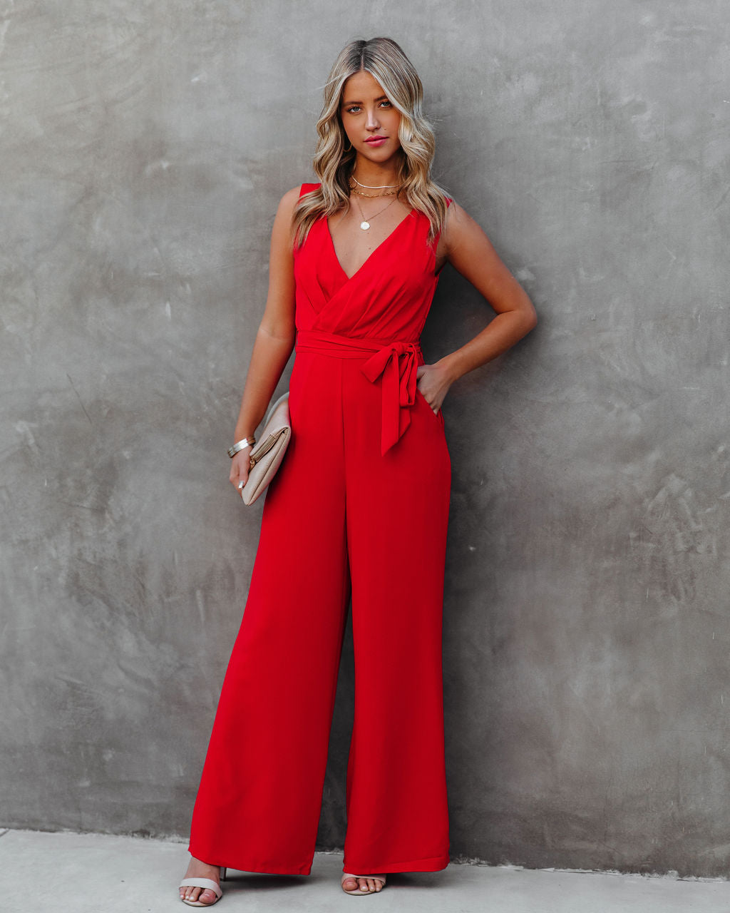 The Essential Pocketed Tie Jumpsuit - Red Main image