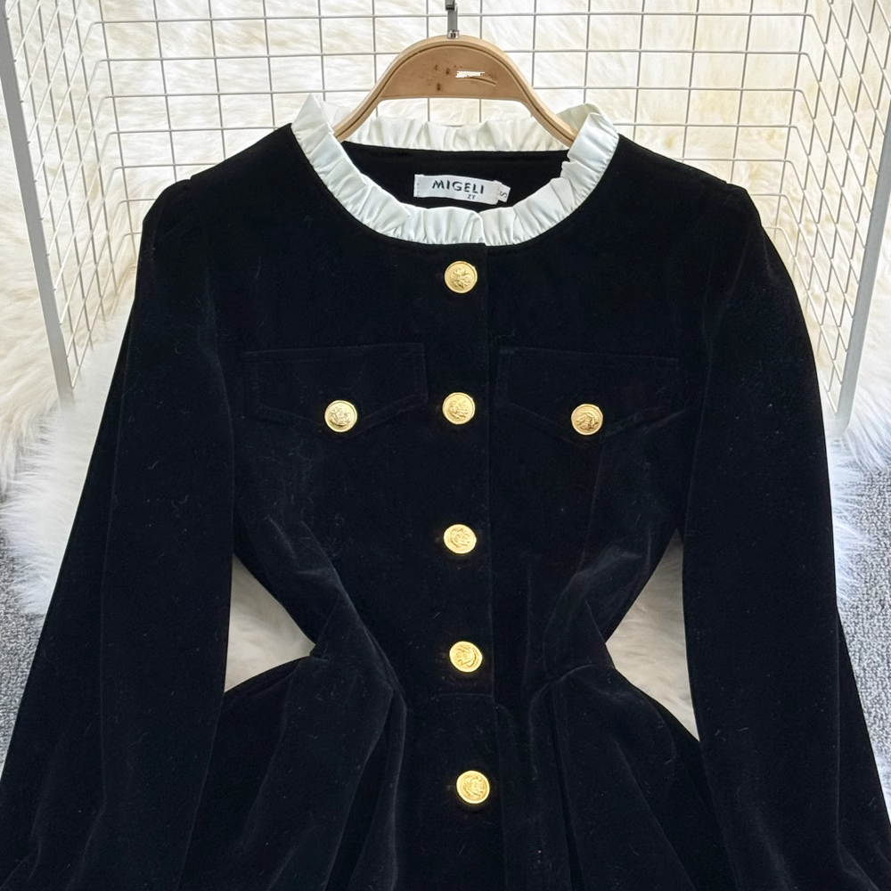 Autumn and winter fashionable long-sleeved stand-collar mid-length a-line velvet dress Secondary image