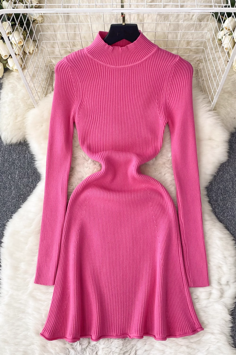 Solid color knitted dress Women's autumn and winter half turtleneck tight dress Main image