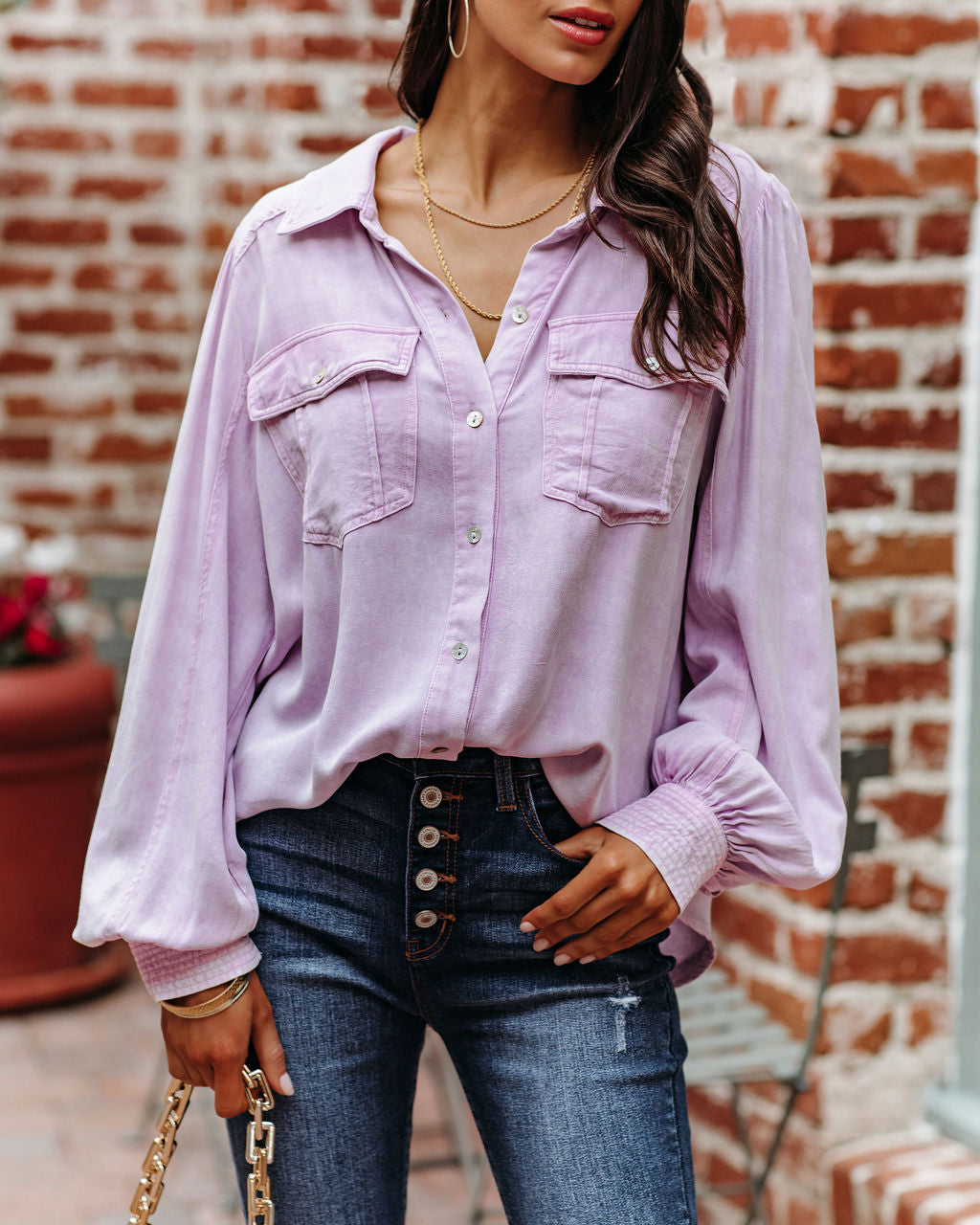 Ulyssa Button Down Pocket Top - Sweet Lilac Main image
