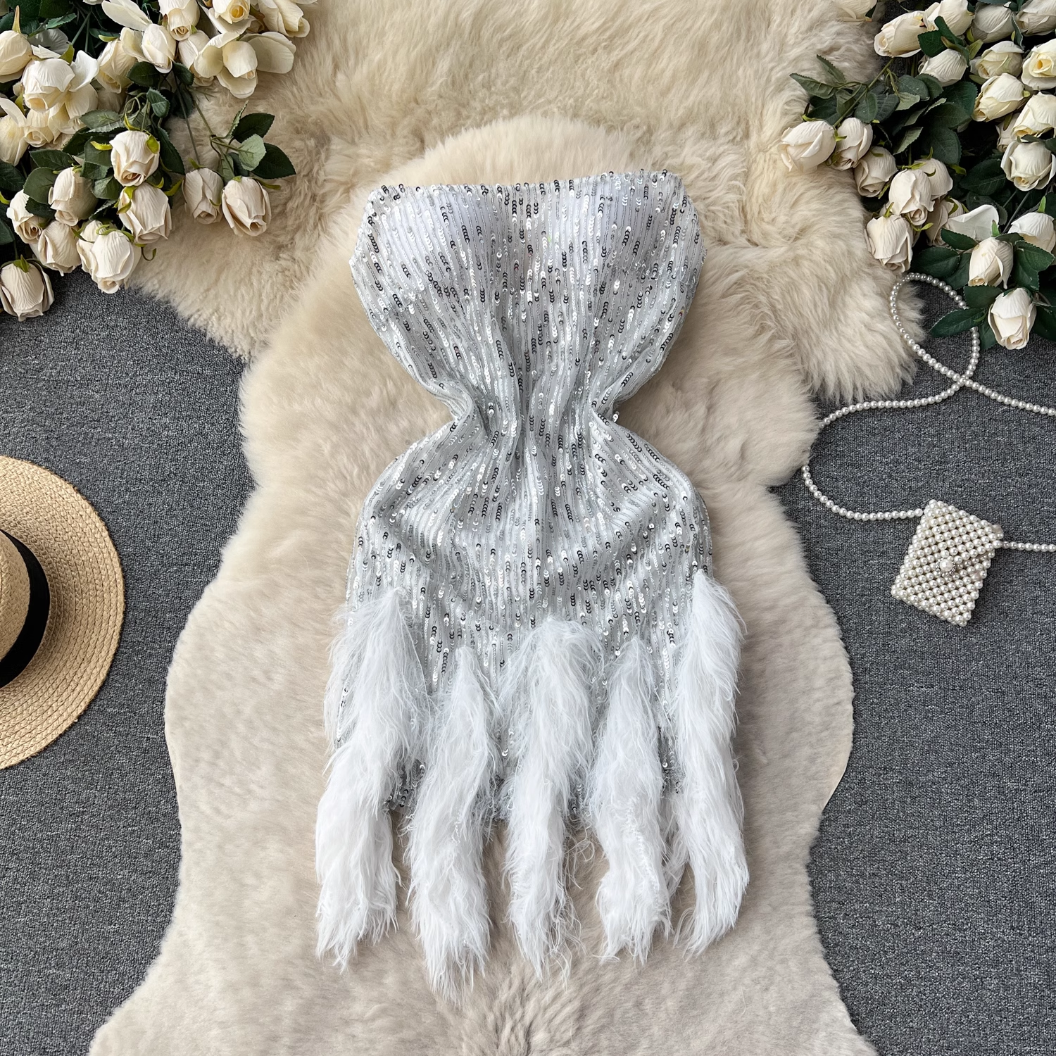 strapless raw edge tassel patchwork sequin dress Secondary image