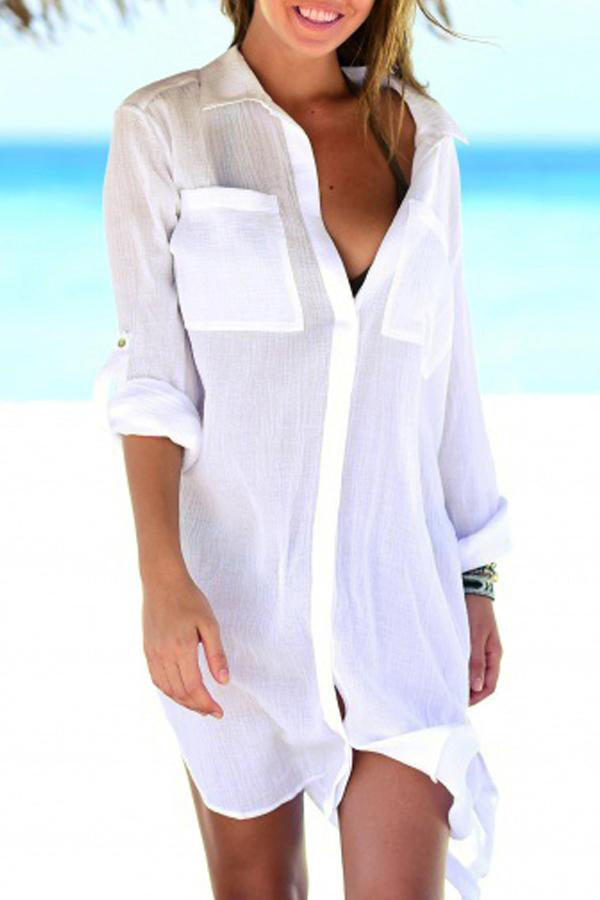 Solid Color Roll Up Sleeve Swimsuit Cover Up Secondary image