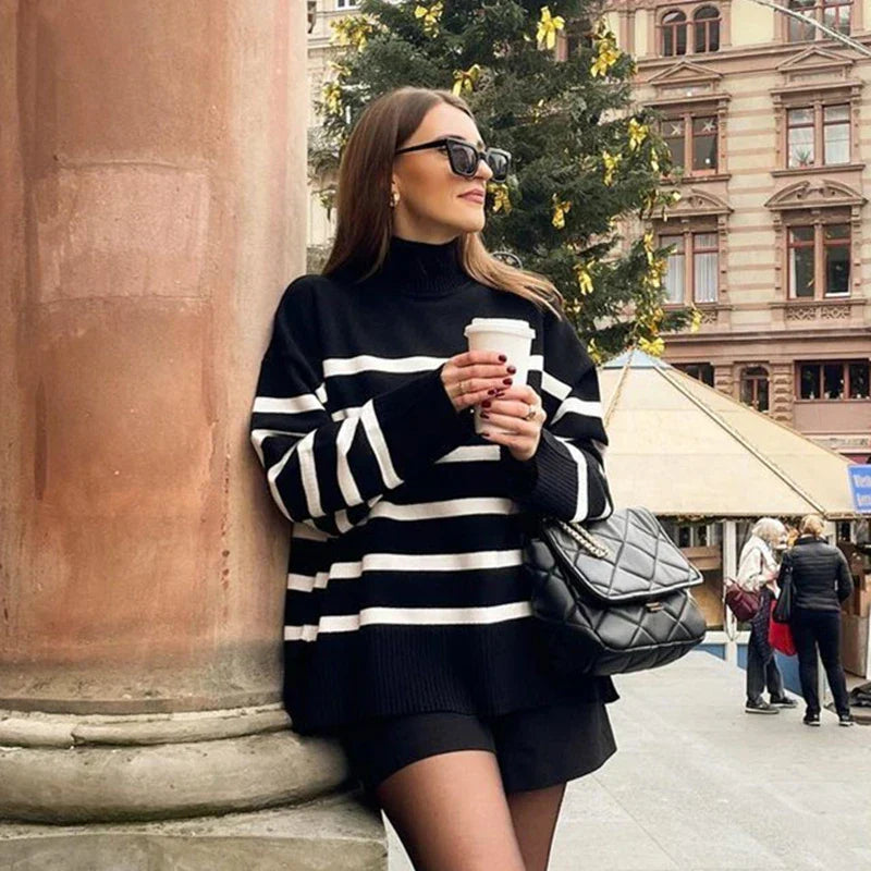Winter Black And White Stripe Loose Sweater Main image