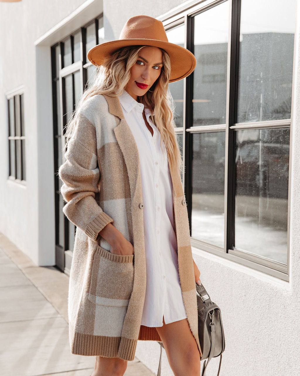 Woodrow Pocketed Checkered Knit Coatigan - Taupe Main image