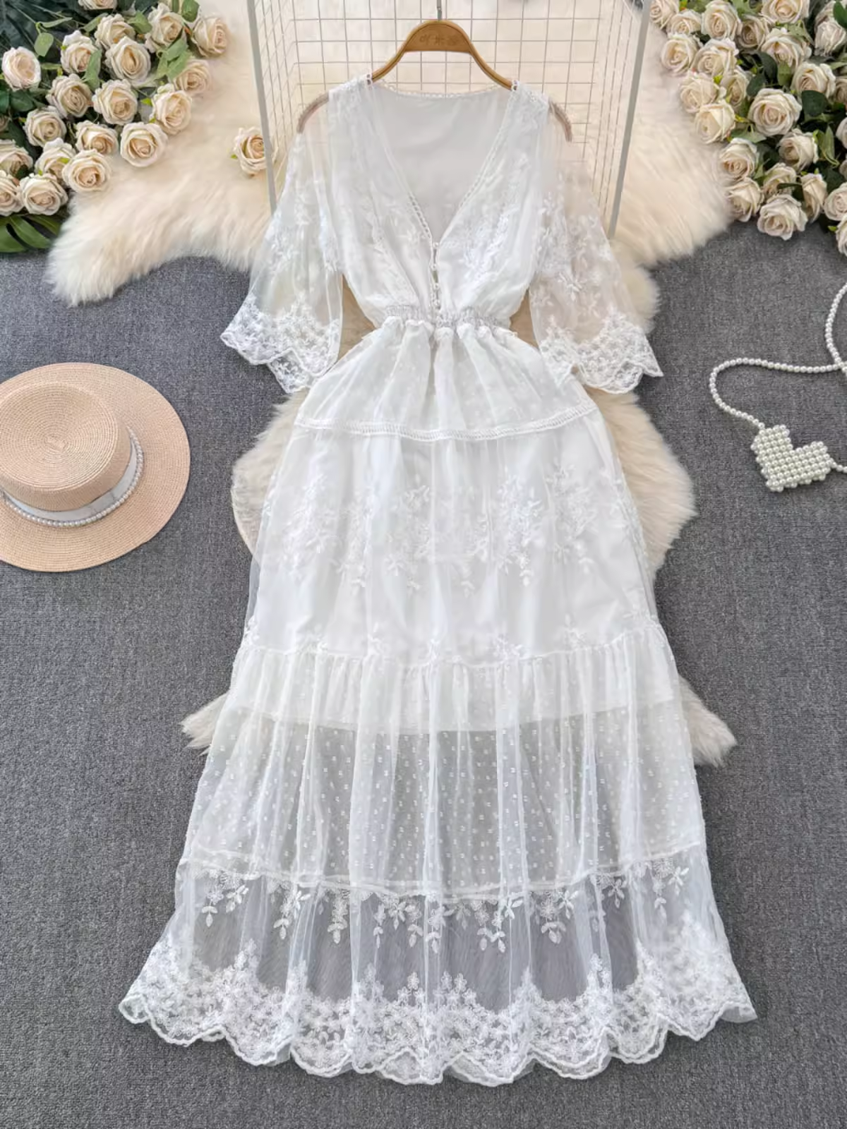 Women's summer retro high-end lace dress