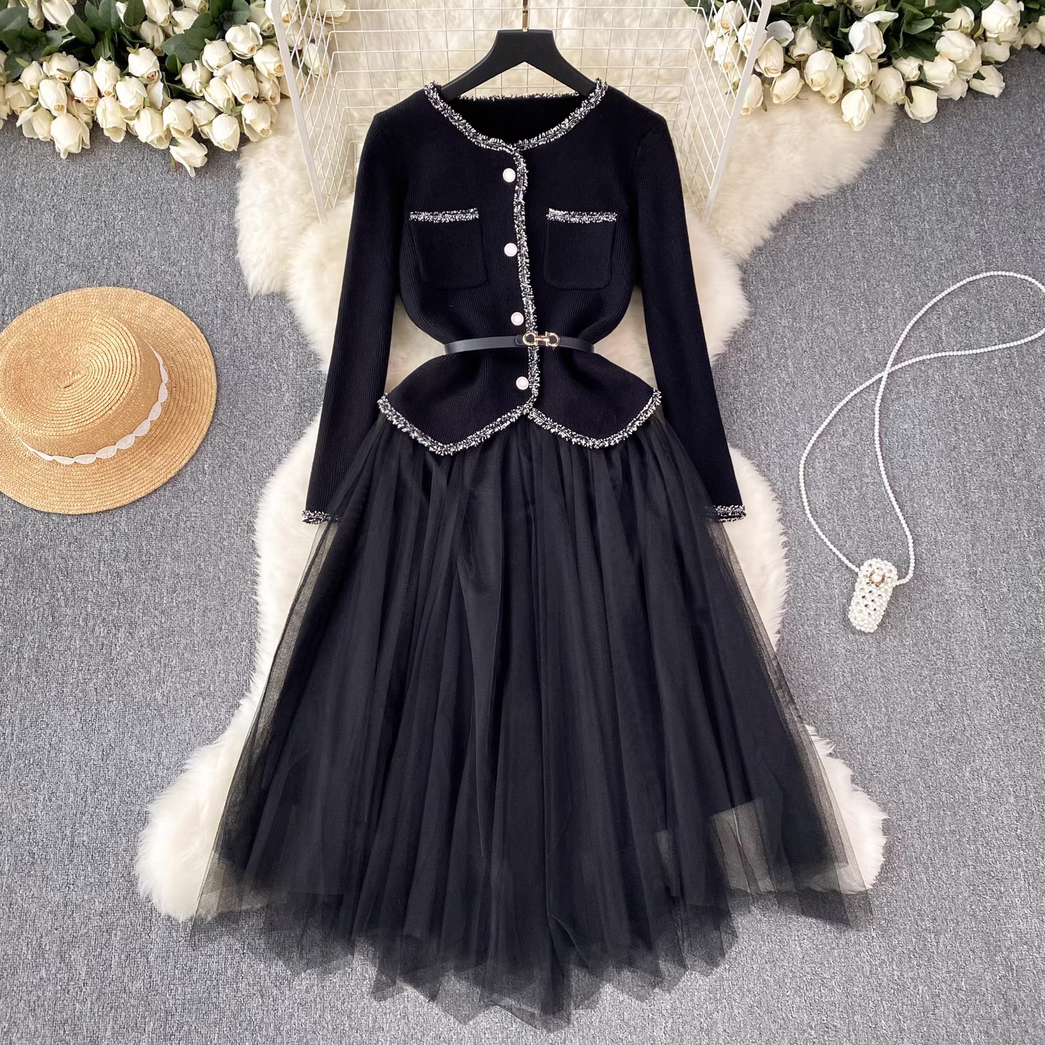 Knitted cardigan versatile suspender dress two-piece suit Main image