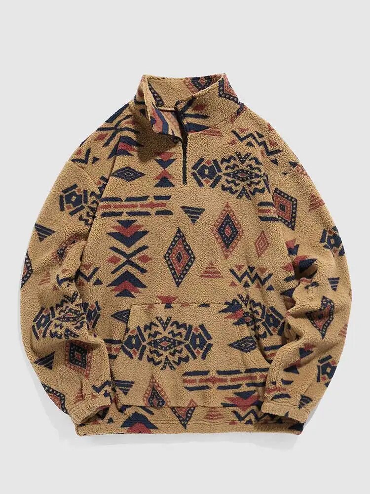 Men's Sherpa Zipper Hoodie: Fuzzy Ethnic Print, Streetwear Style for Fall/Winter Secondary image