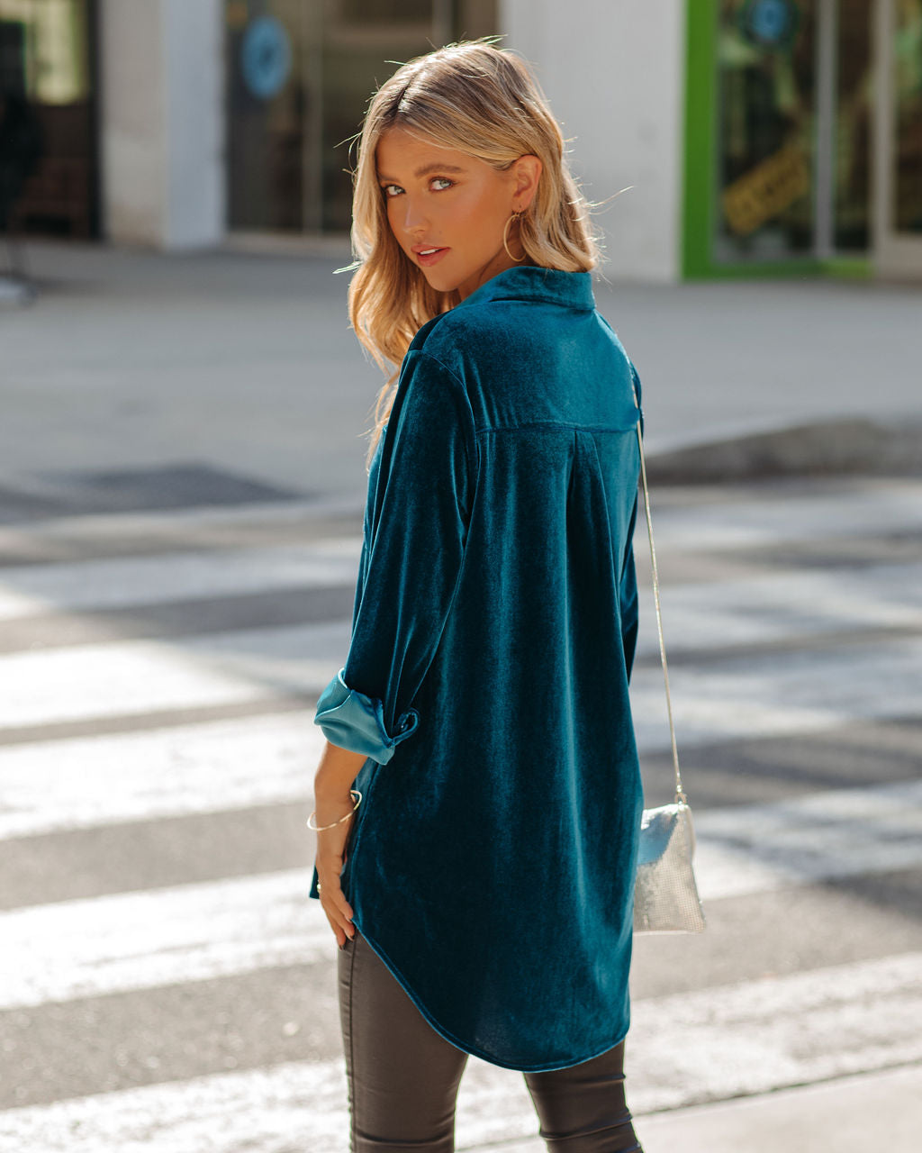 Zamora Pocketed Velvet Button Down Top - Teal Secondary image