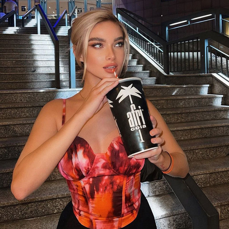 Abstract Tie Dye Print Lace Up Back Underwire Crop Corset Top - Red Secondary image