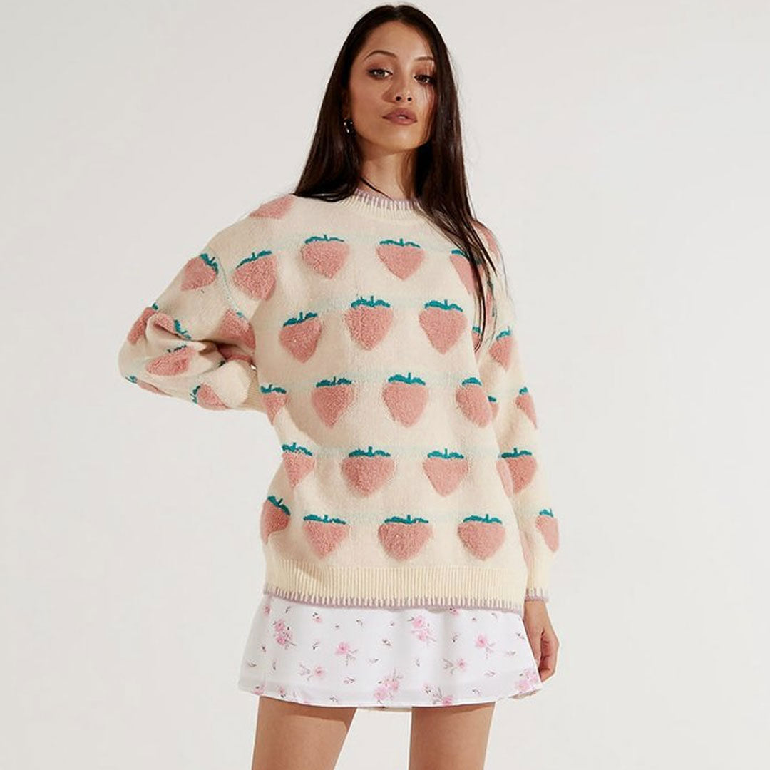 Strawberry Crew Neck Knit Pullover Sweater - Pink Main image