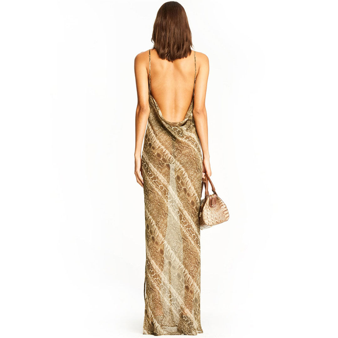 Animal Print Cowl Backless Sheer Slit Slip Maxi Dress - Snake Secondary image