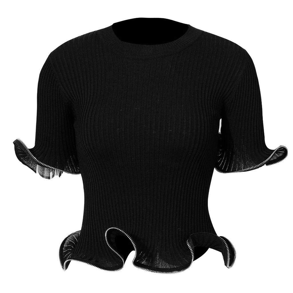Artistic Ruffle Zip Edge Short Sleeve Crew Neck Fitted Ribbed Knit Top Secondary image