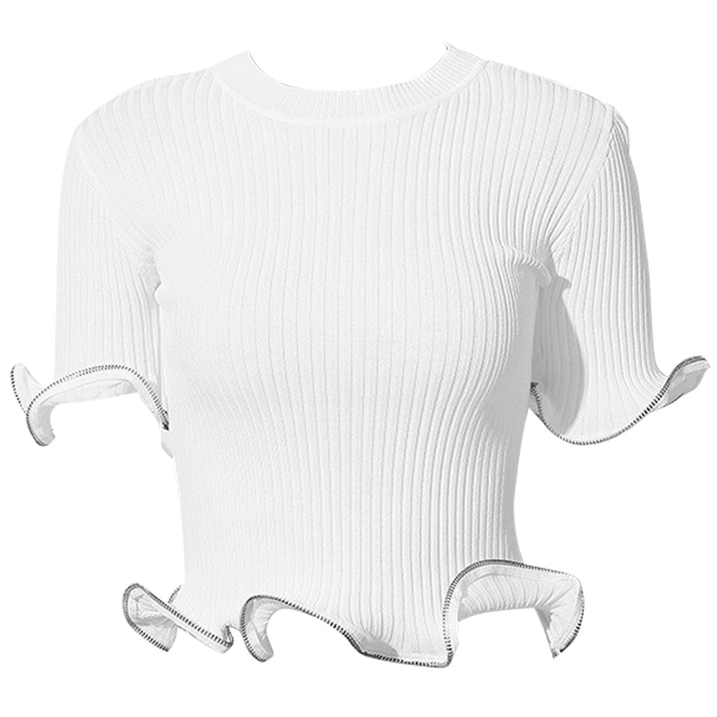 Artistic Ruffle Zip Edge Short Sleeve Crew Neck Fitted Ribbed Knit Top Main image