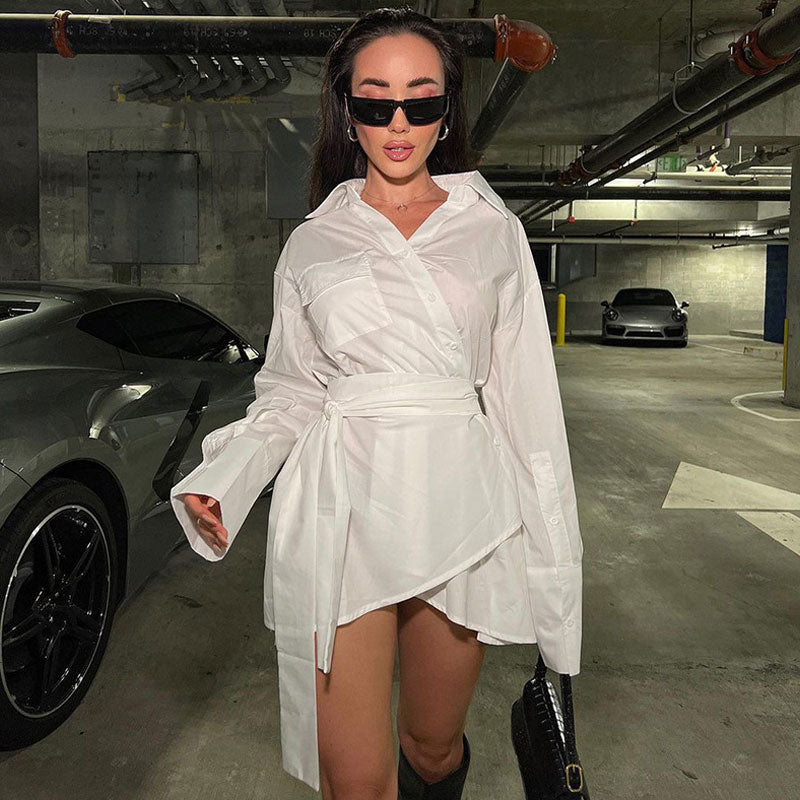 Collared Patch Pocket Button Up Belted Long Sleeve Shirt - White Secondary image