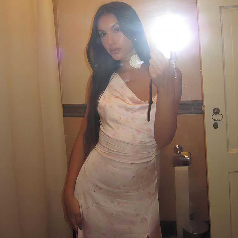 Flower Print Cowl Neck Sleeveless High Slit Midi Sundress - Pink Secondary image