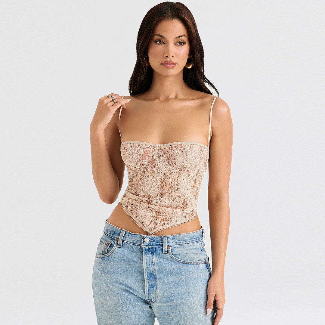 Paisley Lace Sweetheart Sleeveless Crop Tank Top - Apricot Main image