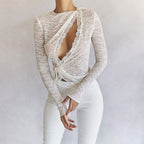 Sheer Cutout Tie Front Long Sleeve Lace Top - White