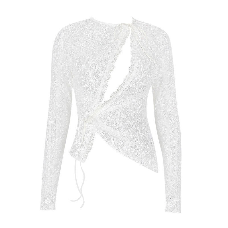 Sheer Cutout Tie Front Long Sleeve Lace Top - White